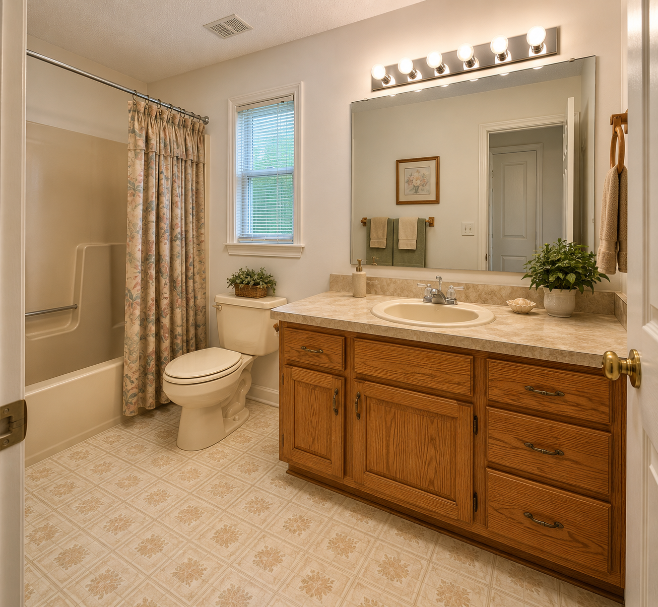 bathroom with dated decor from 1985 in need of a full remodel. 