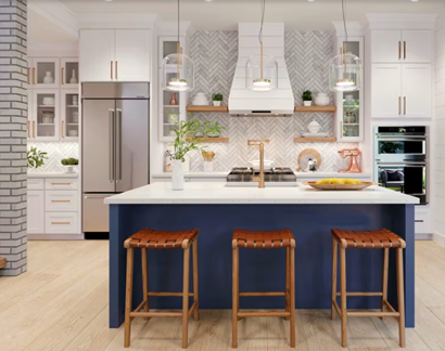 white and navy kitchen with ship lap hood, and only a few open / floating shelves for displaying specific items. 